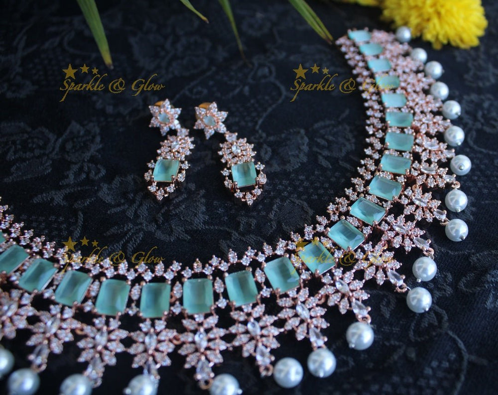 Rose gold beautiful AD stones neckset - Mint Green - Sparkle and Glow - Pink - Back Thread