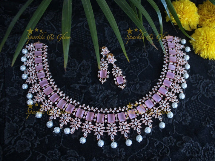 Rose gold beautiful AD stones neckset - Mint Green - Sparkle and Glow - Pink - Back Chain