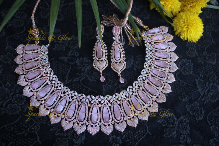 Rose gold beautiful AD stones neckset - Pastel Pink