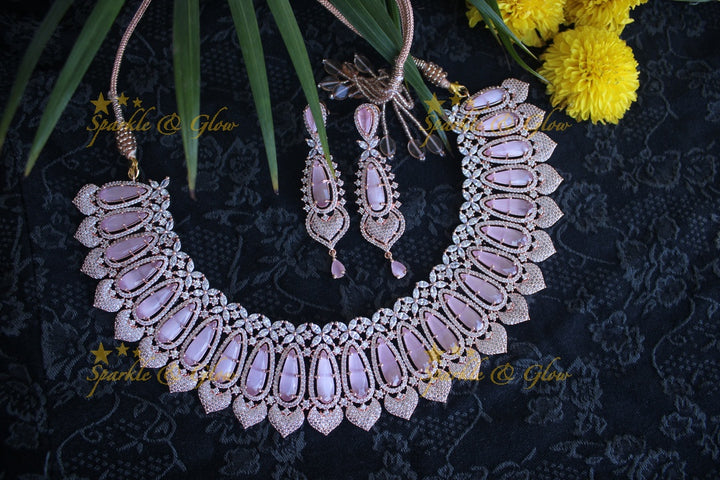 Rose gold beautiful AD stones neckset - Pastel Pink