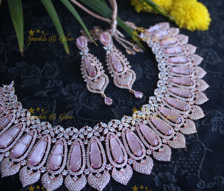 Rose gold beautiful AD stones neckset - Pastel Pink