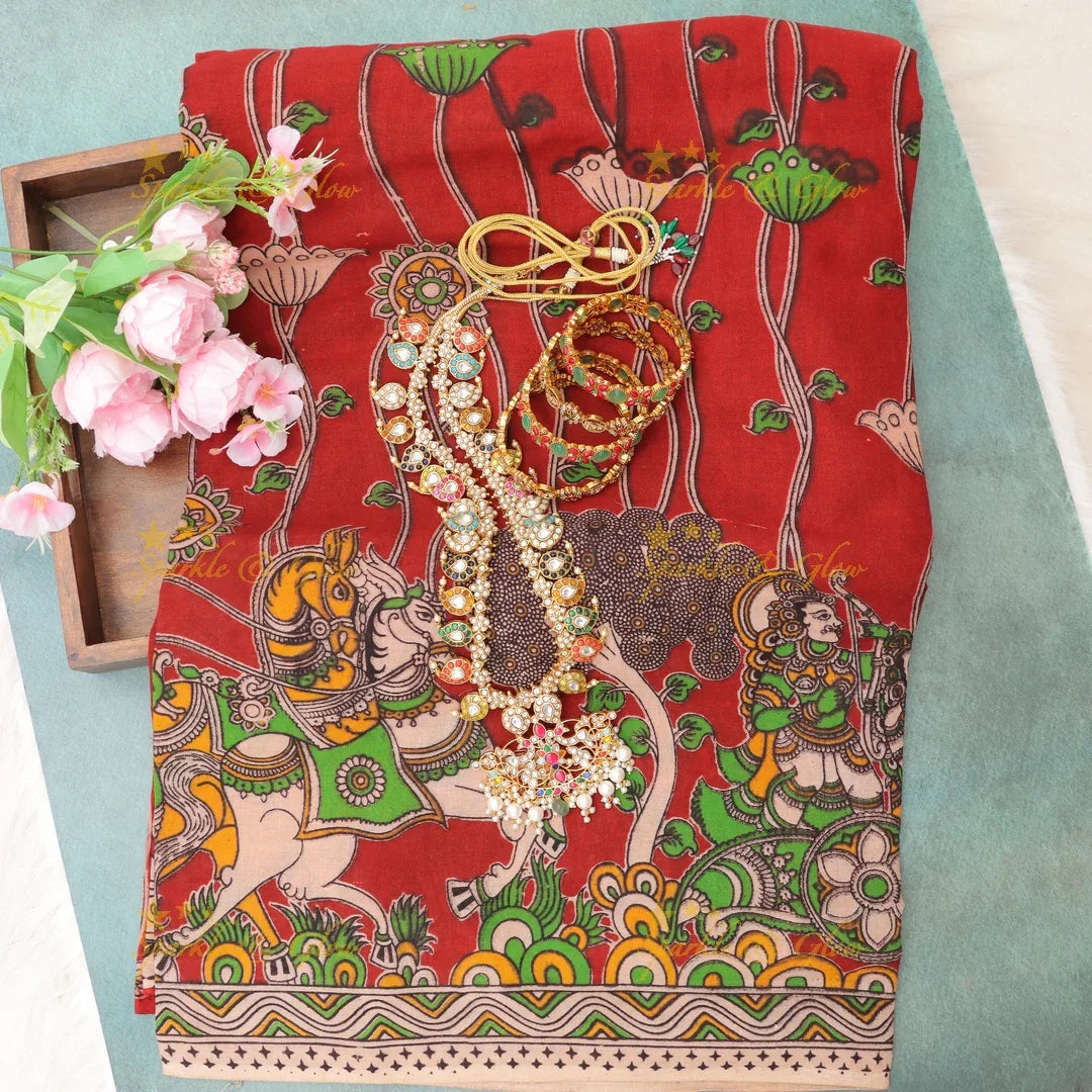 Exquisite Kalamkari Saree with Horse Motif Design