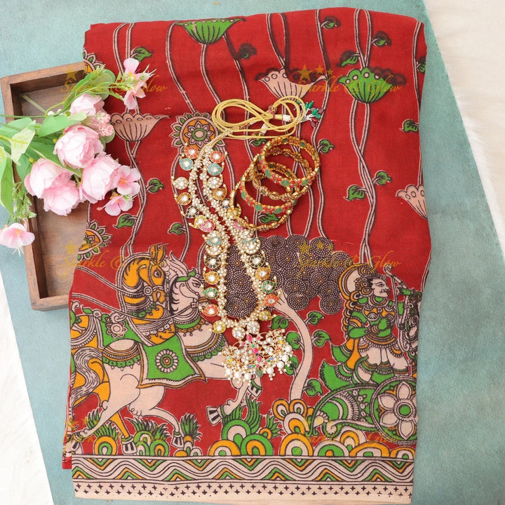 Exquisite Kalamkari Saree with Horse Motif Design