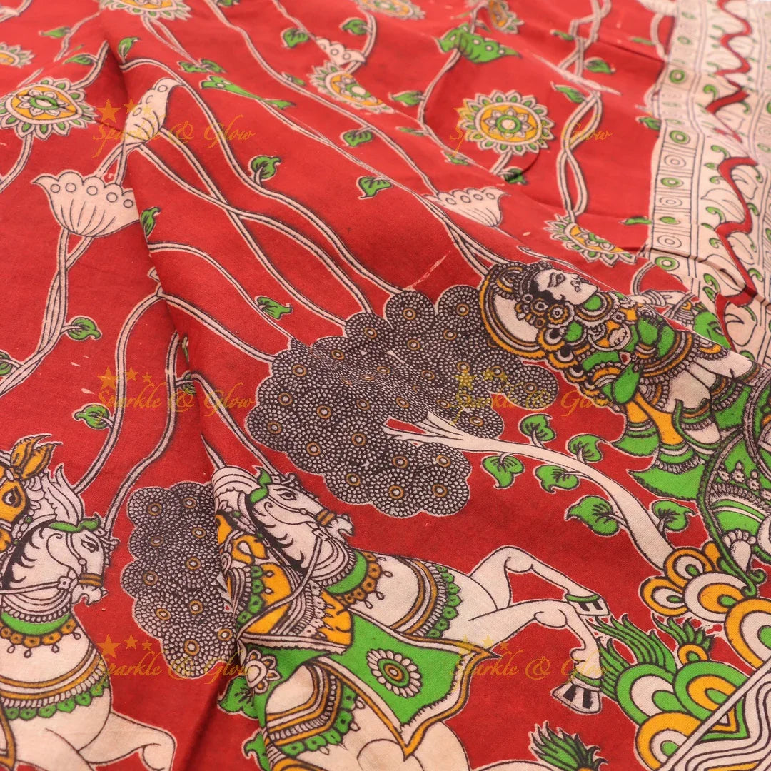 Exquisite Kalamkari Saree with Horse Motif Design