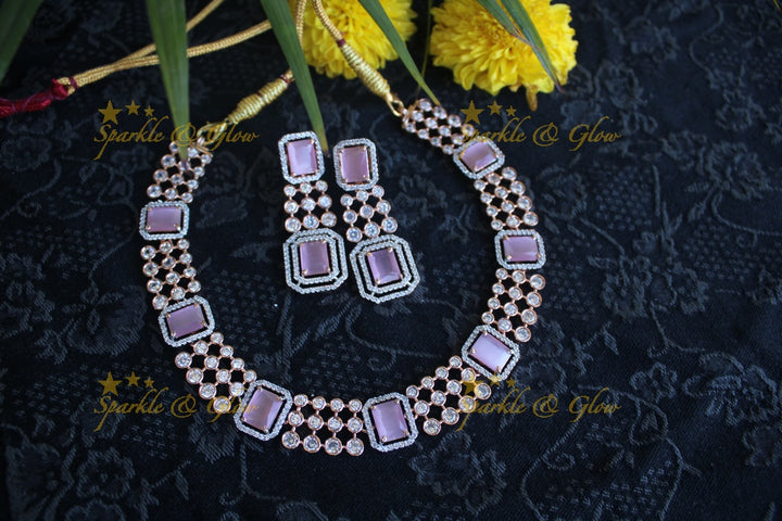 Rose gold beautiful AD stones neckset - Mint Green
