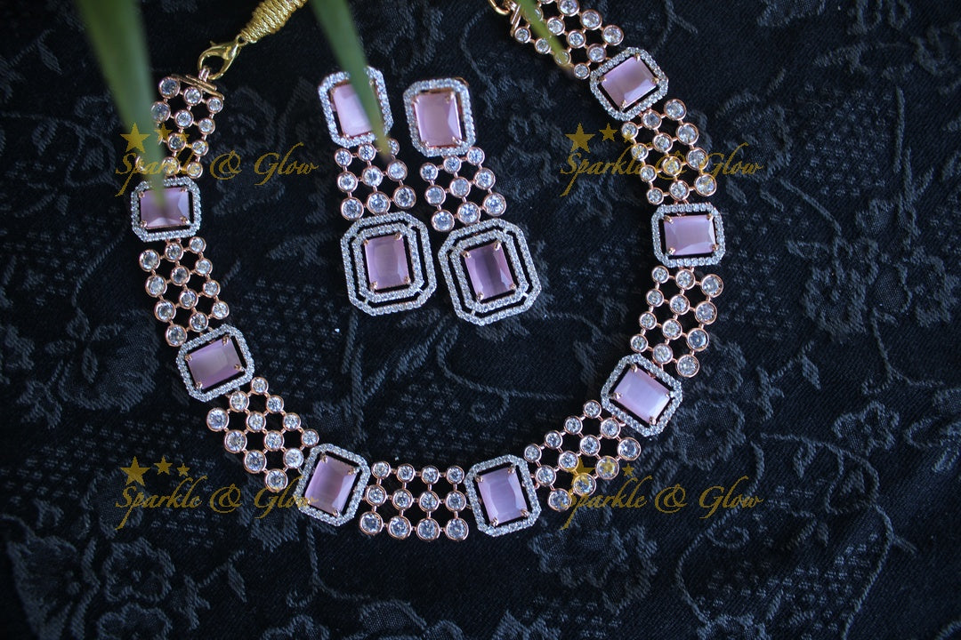 Rose gold beautiful AD stones neckset - Pastel Pink