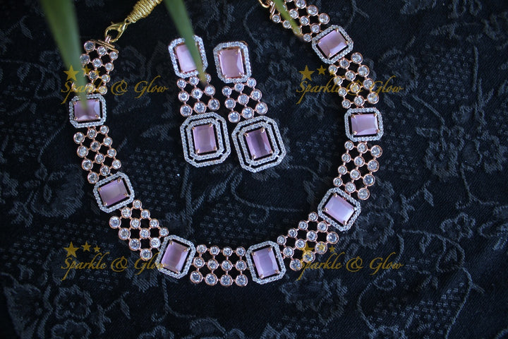 Rose gold beautiful AD stones neckset - Pastel Pink