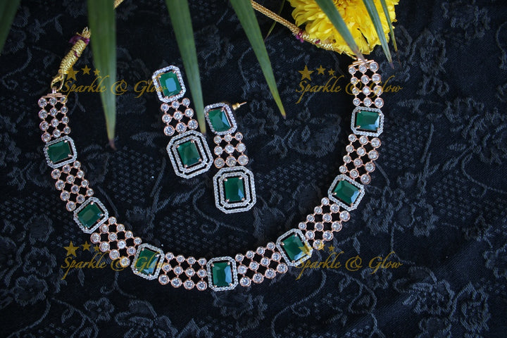 Rose gold beautiful AD stones neckset - Mint Green