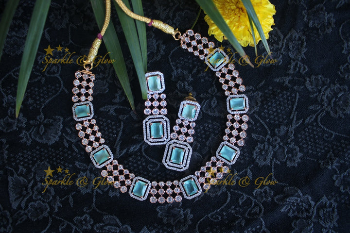 Rose gold beautiful AD stones neckset - Mint Green