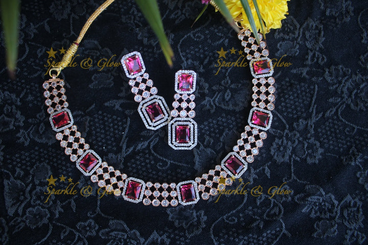 Rose gold beautiful AD stones neckset - Blue