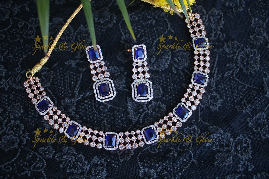 Rose gold beautiful AD stones neckset - Blue