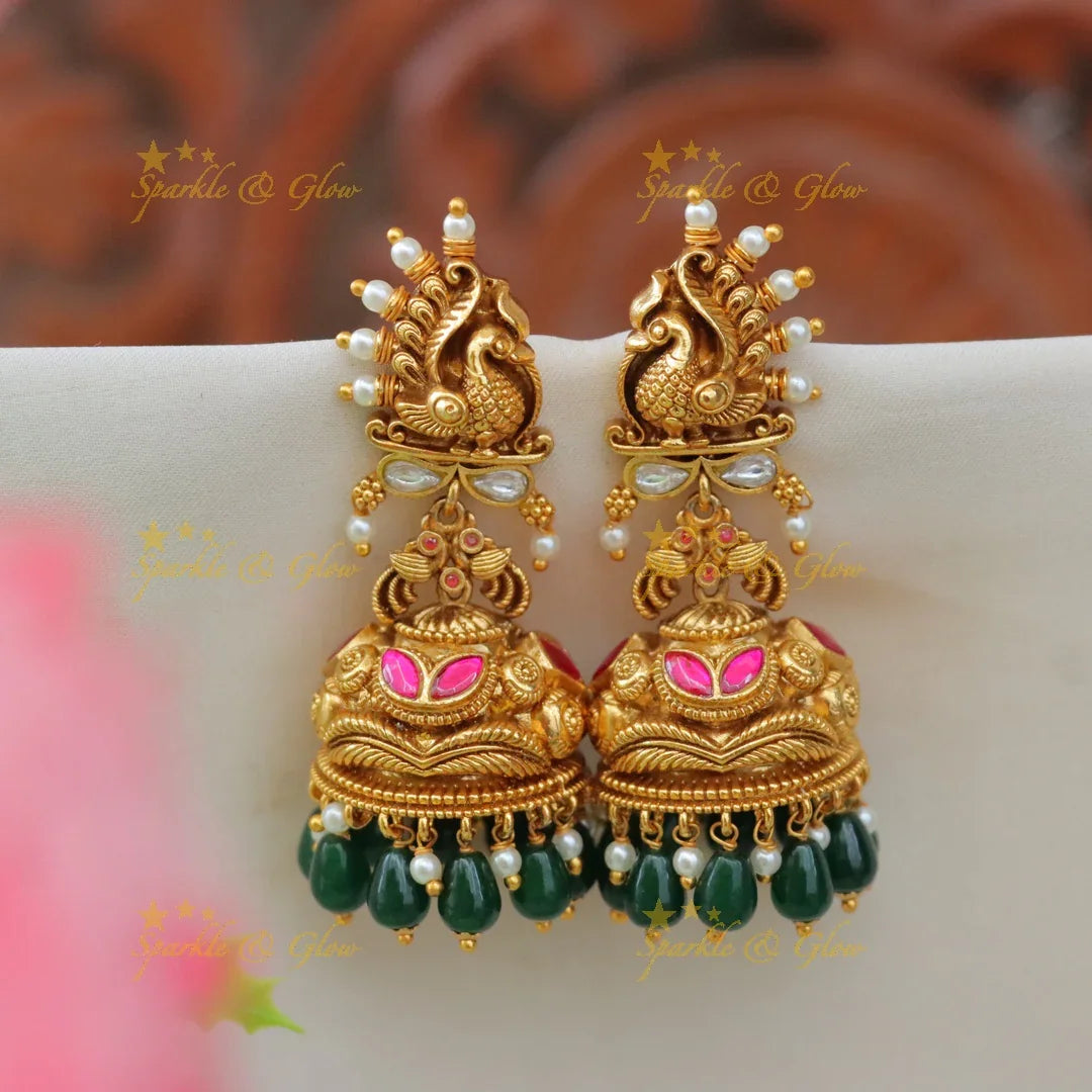 Peacock Jhumkas - Gheru Gold Elegance with Beads
