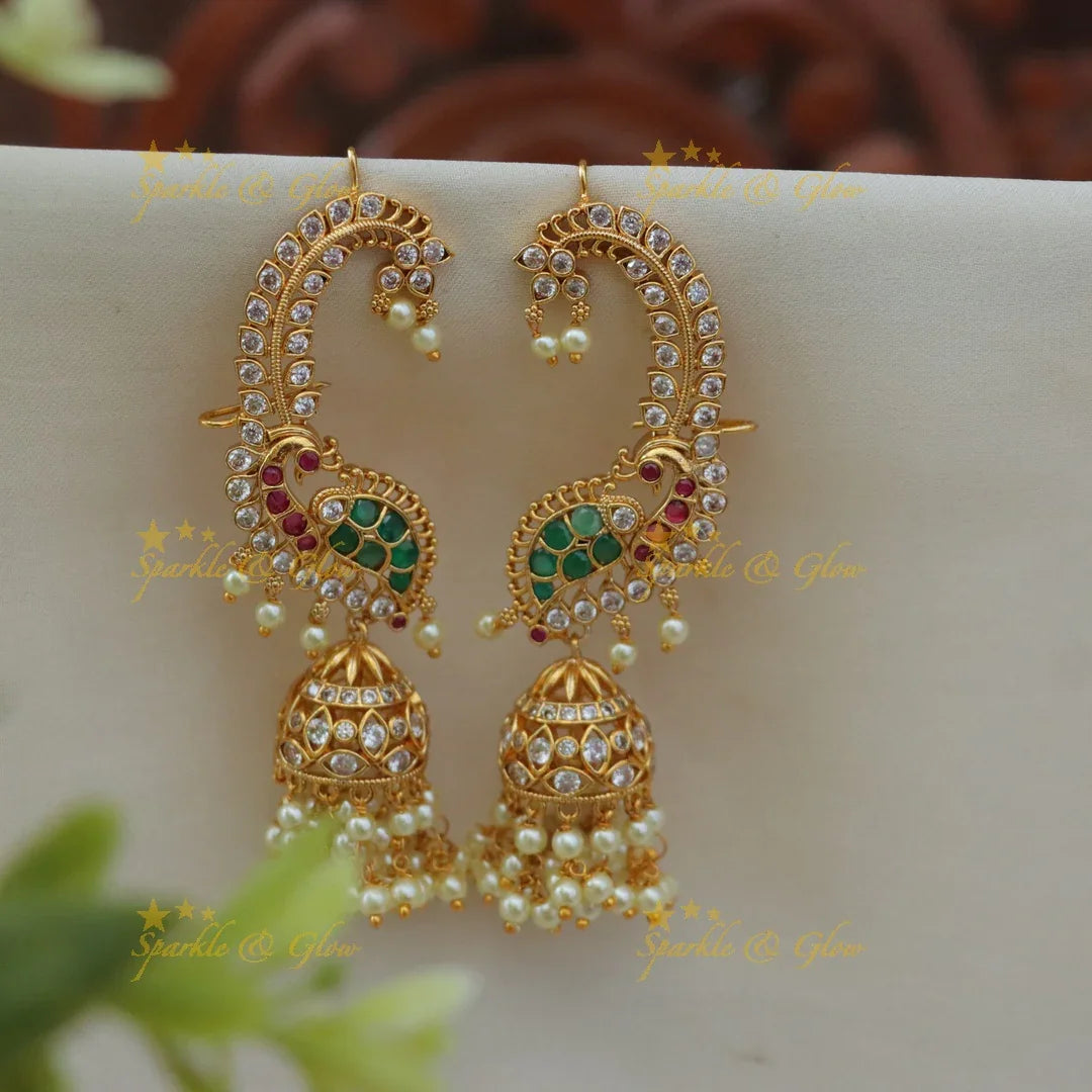 Exquisite Peacock Earcuff Earrings with Pearls – Sparkle & Glow