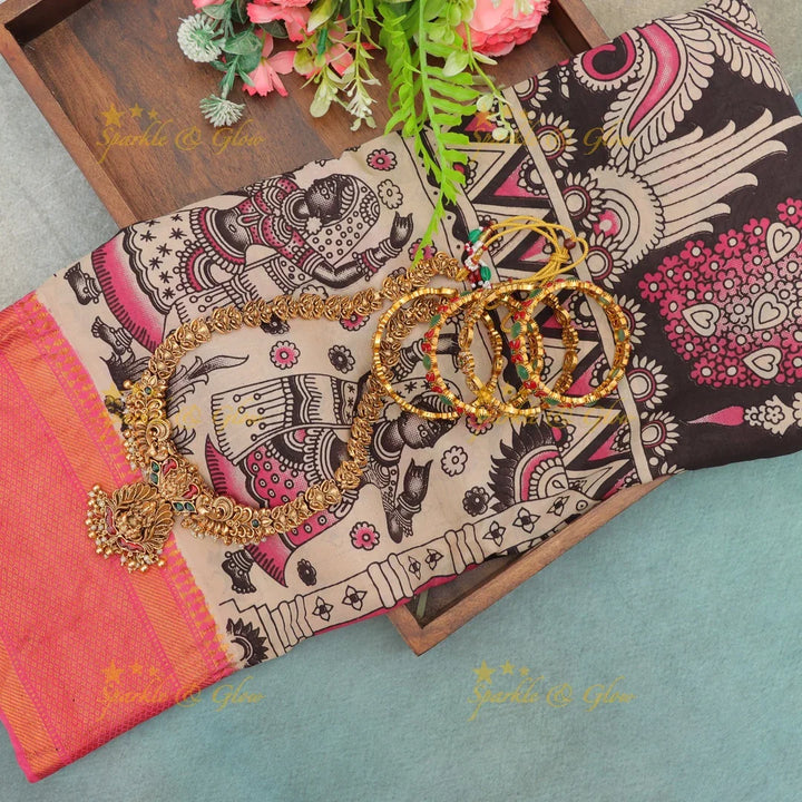 Exquisite Kalamkari Saree with Temple Art & Jewelry