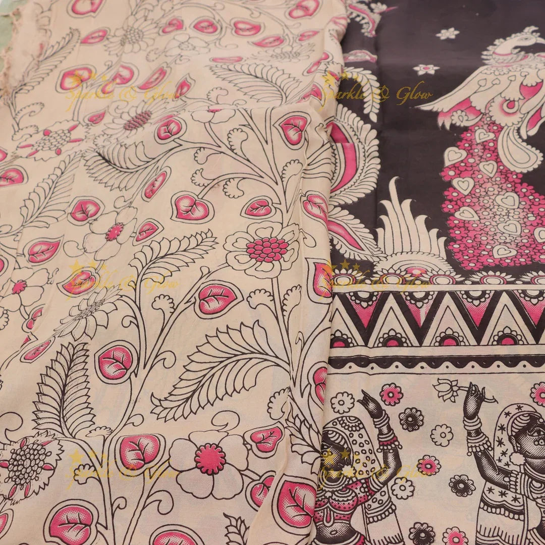 Exquisite Kalamkari Saree with Temple Art & Jewelry