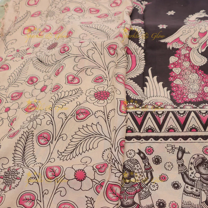 Exquisite Kalamkari Saree with Temple Art & Jewelry