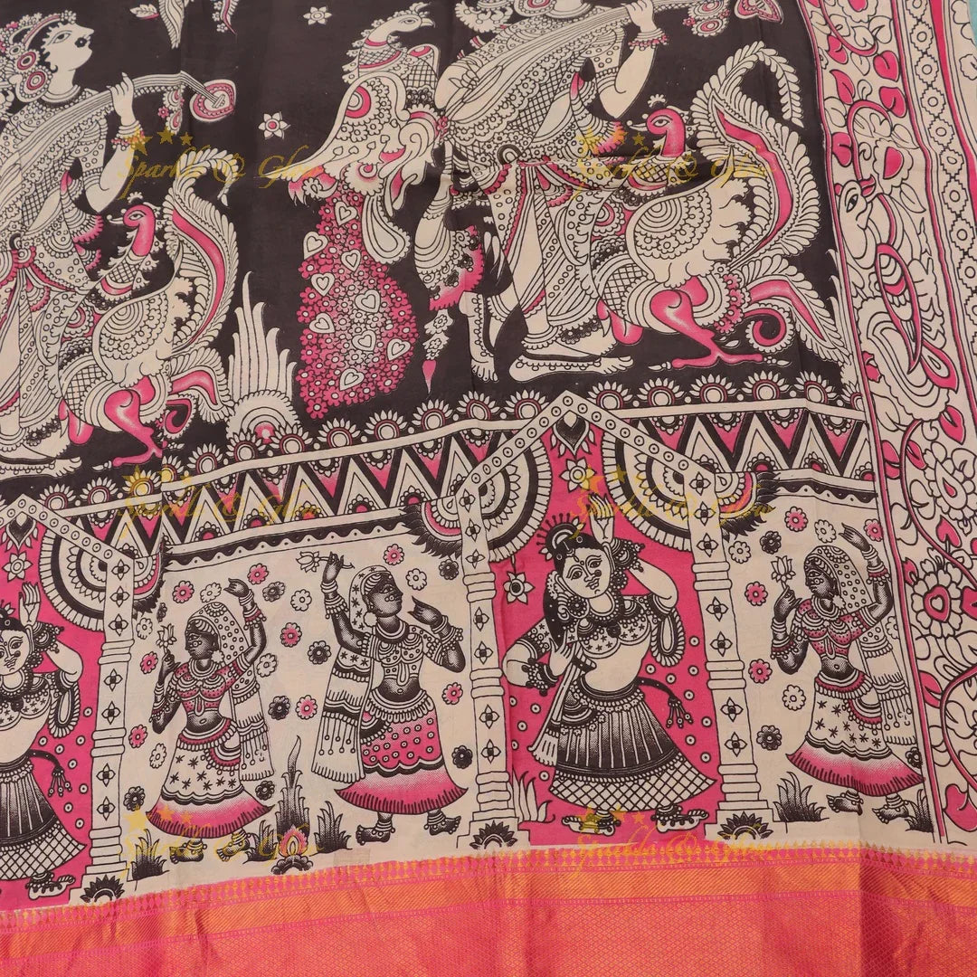 Exquisite Kalamkari Saree with Temple Art & Jewelry