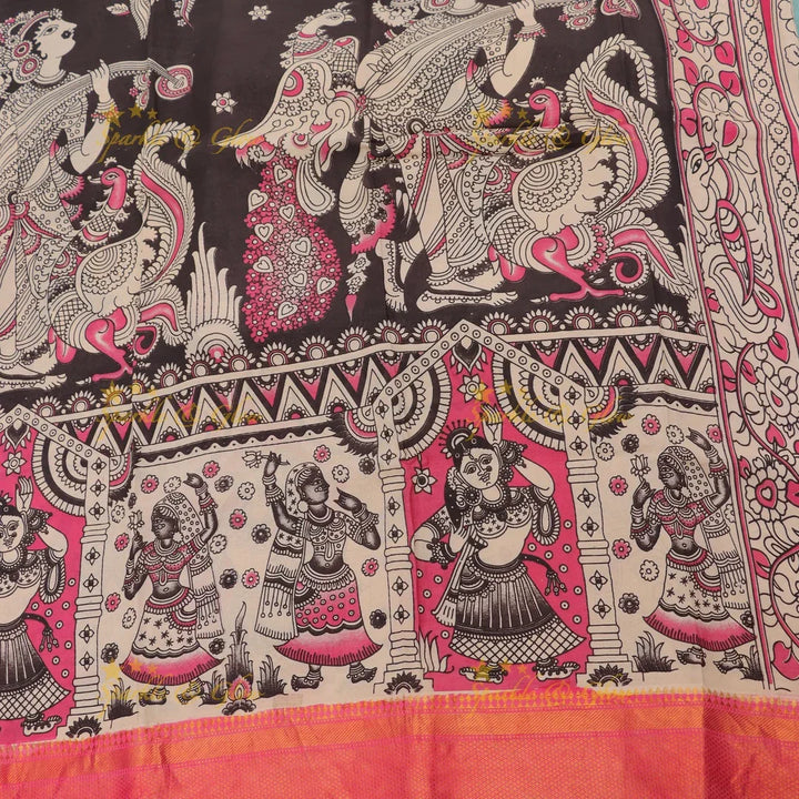 Exquisite Kalamkari Saree with Temple Art & Jewelry