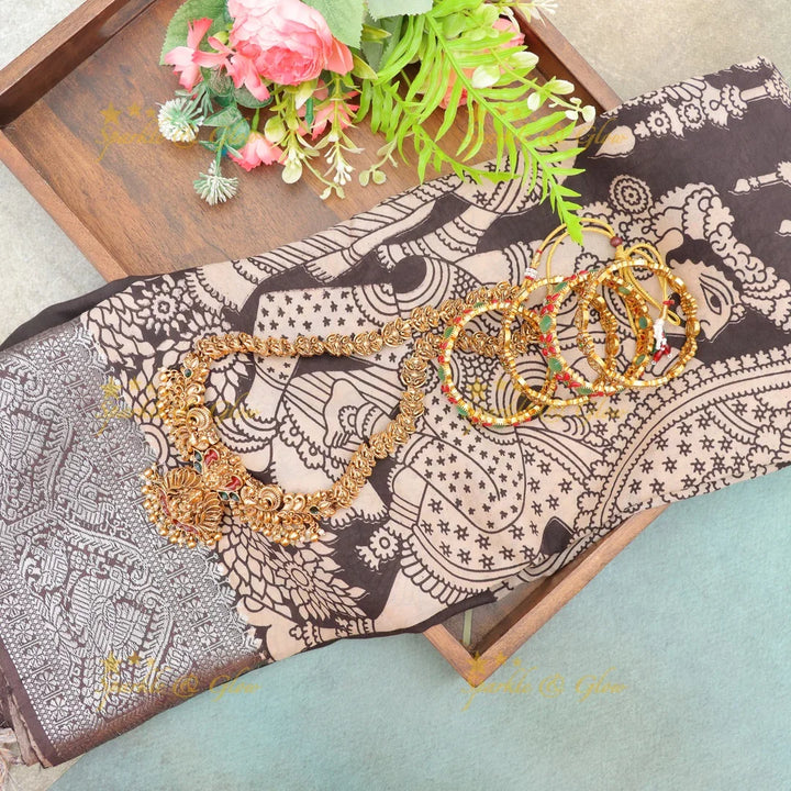 Buy Elegant Brown & Beige Kalamkari Temple Saree