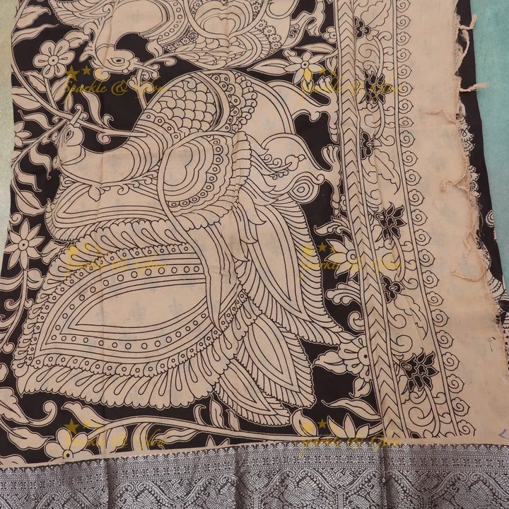 Buy Elegant Brown & Beige Kalamkari Temple Saree