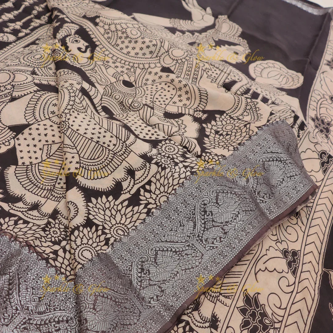 Buy Elegant Brown & Beige Kalamkari Temple Saree
