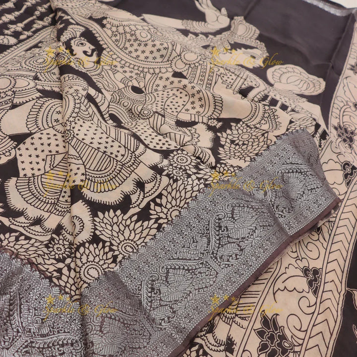 Buy Elegant Brown & Beige Kalamkari Temple Saree