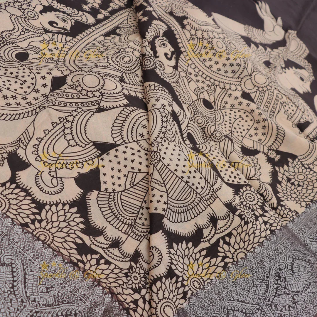 Buy Elegant Brown & Beige Kalamkari Temple Saree