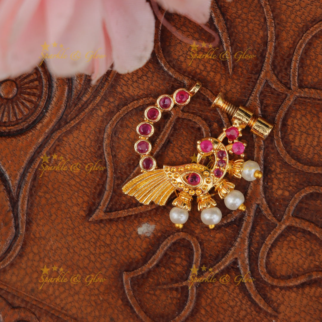 Elegant Gold Alike Pearl Peacock Nosepin - Festive Jewelry