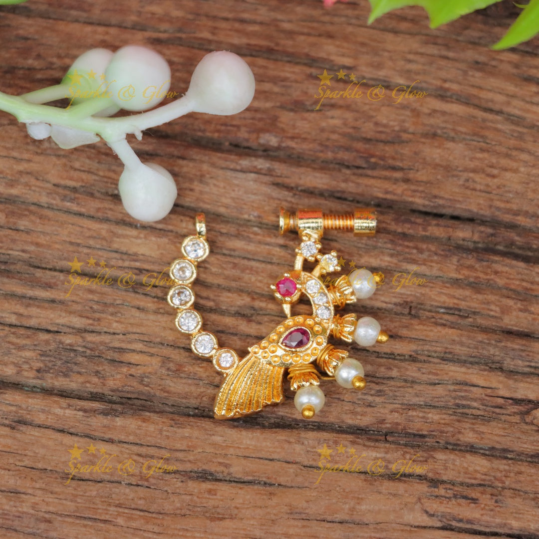 Exquisite Gold Pearl Peacock Nosepin for Festive Moments