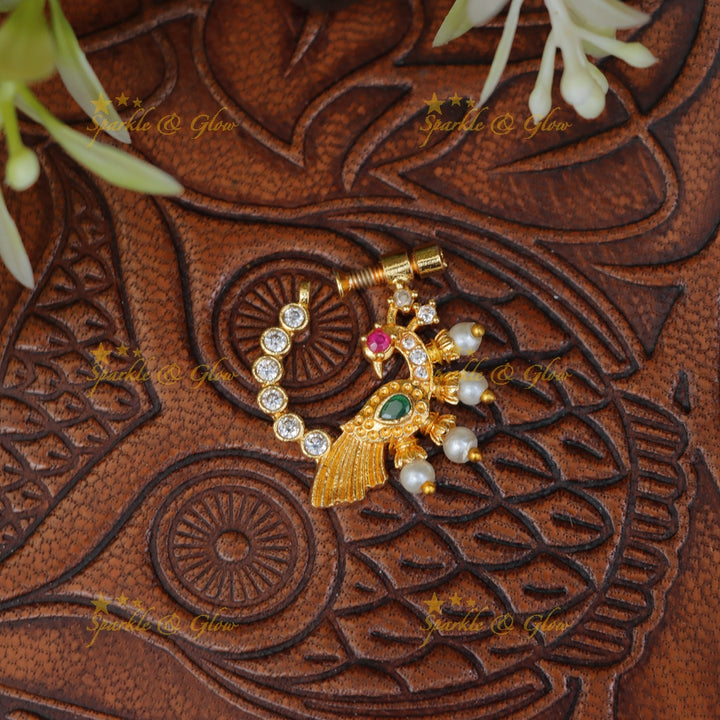 Exquisite Gold Pearl Peacock Nosepin for Festive Moments