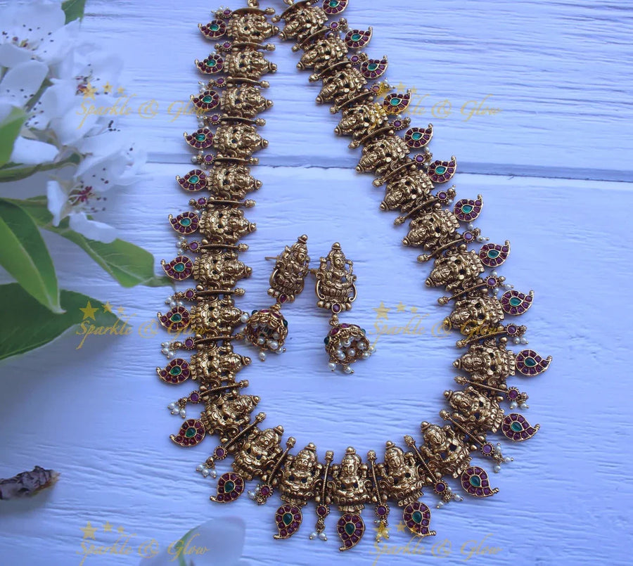 Gold alike polishe Lakshmi carved mango mala with kemp stones - Kemp - Sparkle and Glow