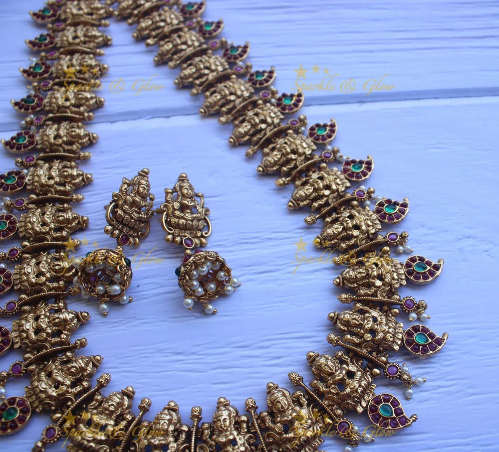 Gold alike polishe Lakshmi carved mango mala with kemp stones - Kemp - Sparkle and Glow
