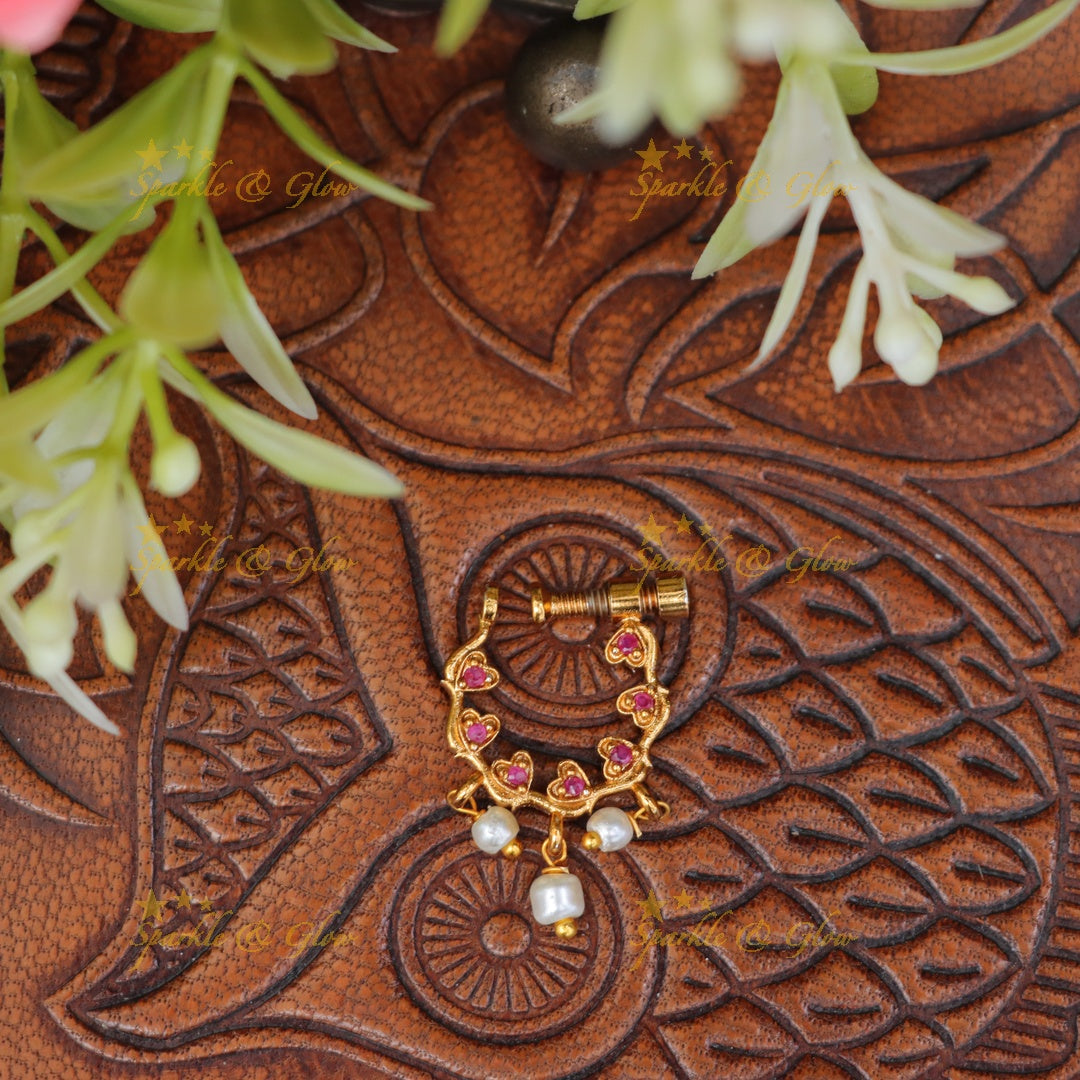 Exquisite Gold Pearl Heart Nosepin for Weddings