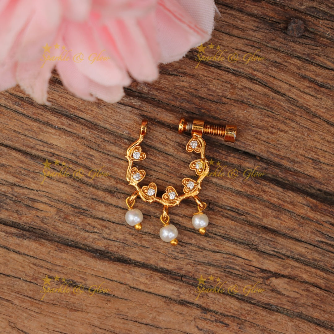 Exquisite Gold Pearl Heart Nosepin for Weddings