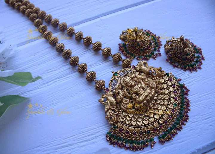 Gold alike polished lakshmi long necklace - Ruby Green - Sparkle and Glow