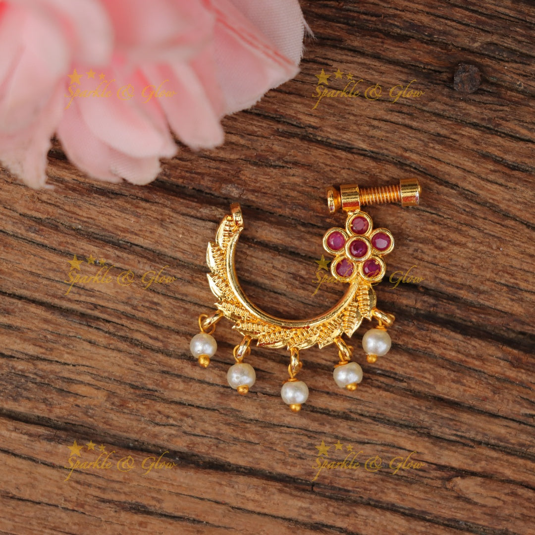 Gold Floral Pearl Nosepin for Bridal Elegance