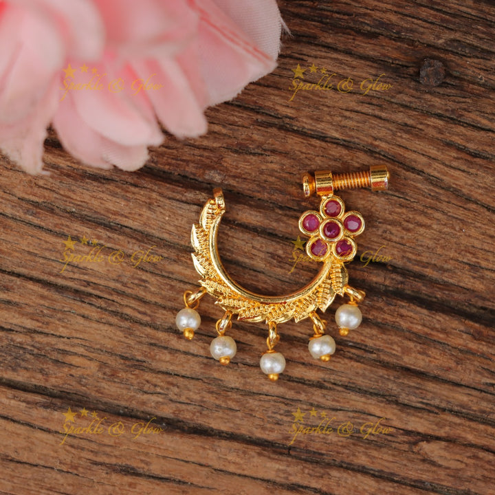 Gold Floral Pearl Nosepin for Bridal Elegance