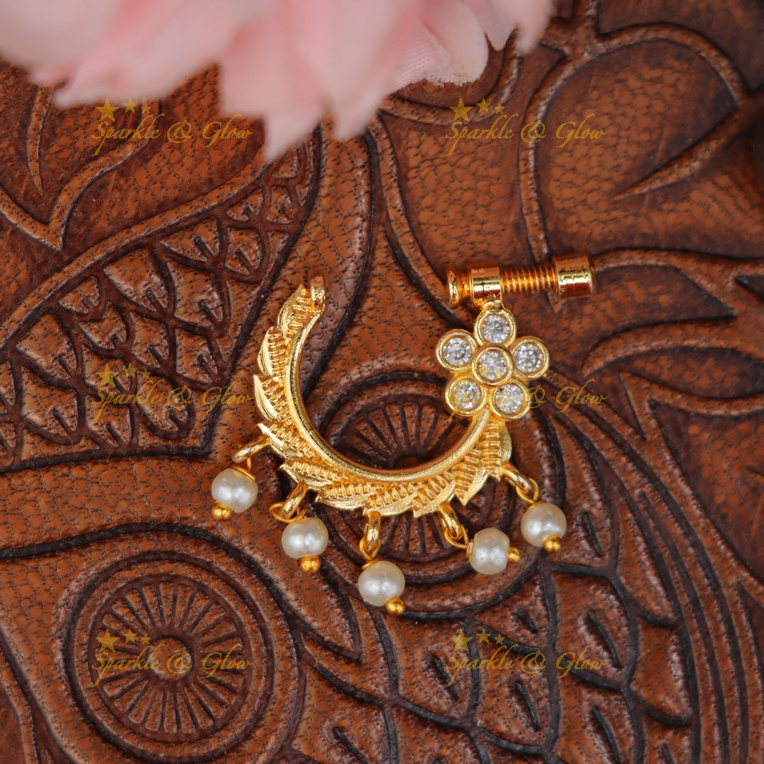 Gold Floral Pearl Nosepin for Bridal Elegance
