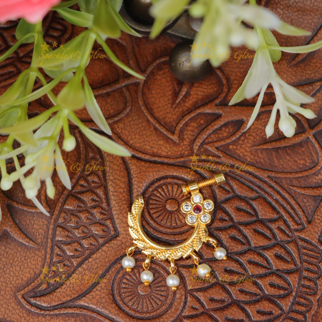Gold Floral Pearl Nosepin for Bridal Elegance