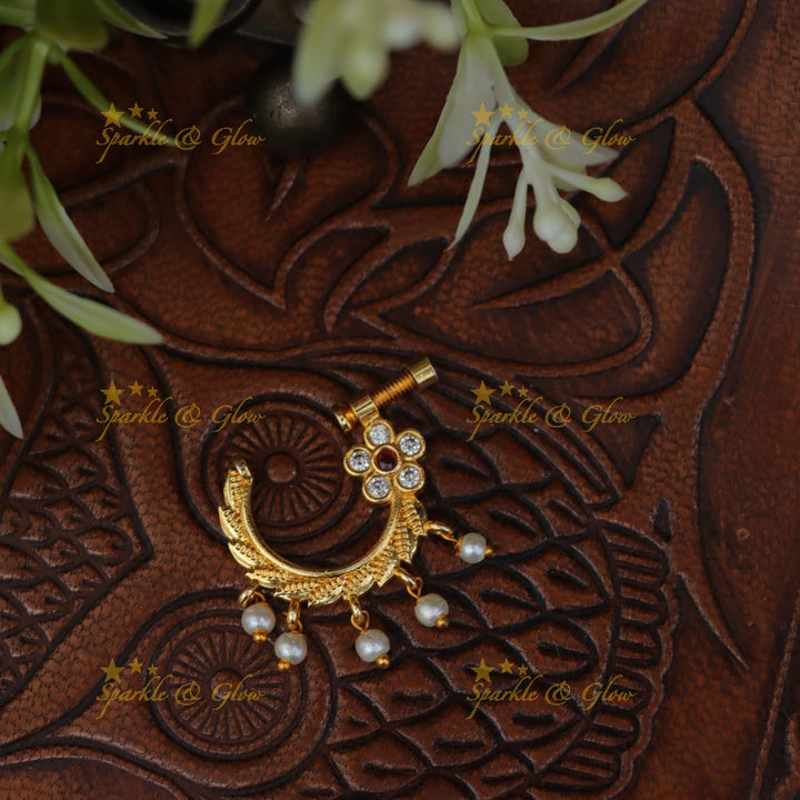 Gold Floral Pearl Nosepin for Bridal Elegance