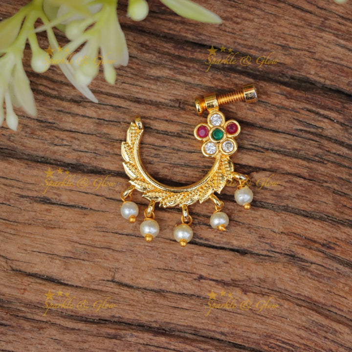 Gold Floral Pearl Nosepin for Bridal Elegance