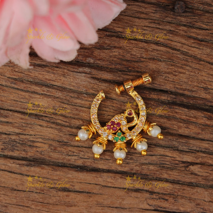 Radiant Peacock Pearl Nosepin - Exquisite Gold Design