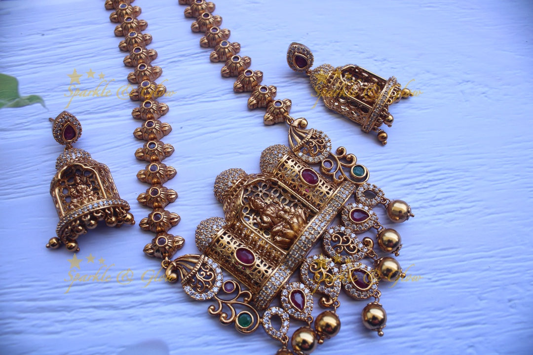 Lakshmi in Mantap carved haram with AD stones - Sparkle and Glow