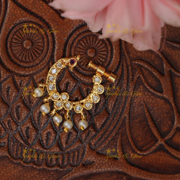 Exquisite Gold Peacock Pearl Nosepin Necklace