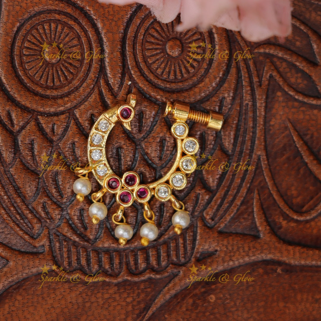Exquisite Gold Peacock Pearl Nosepin Necklace