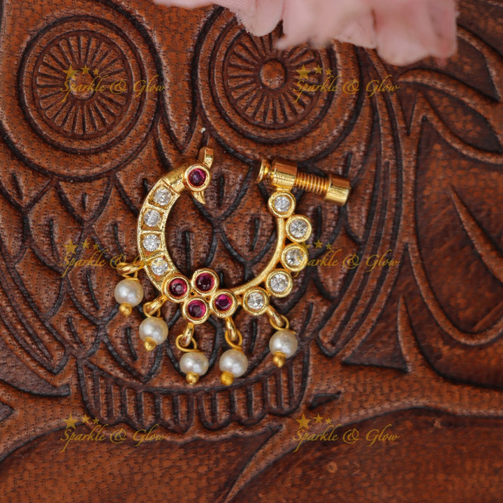 Exquisite Gold Peacock Pearl Nosepin Necklace
