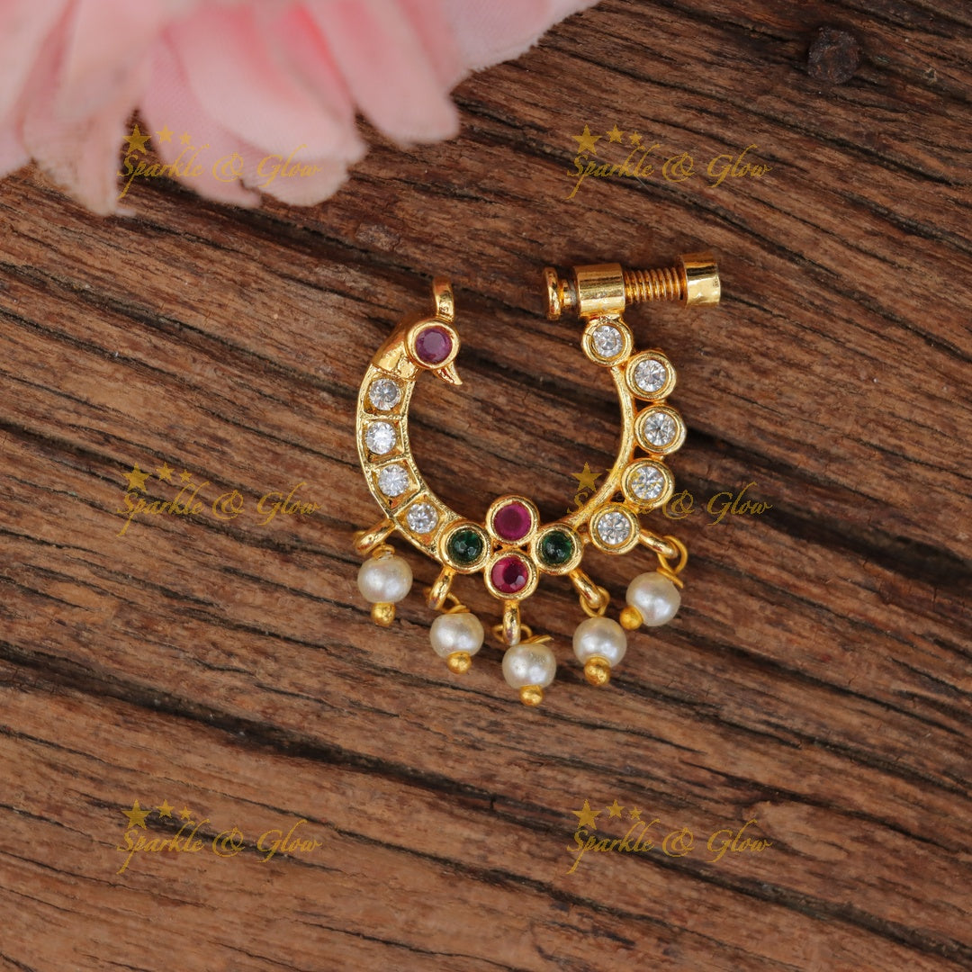 Exquisite Gold Peacock Pearl Nosepin Necklace