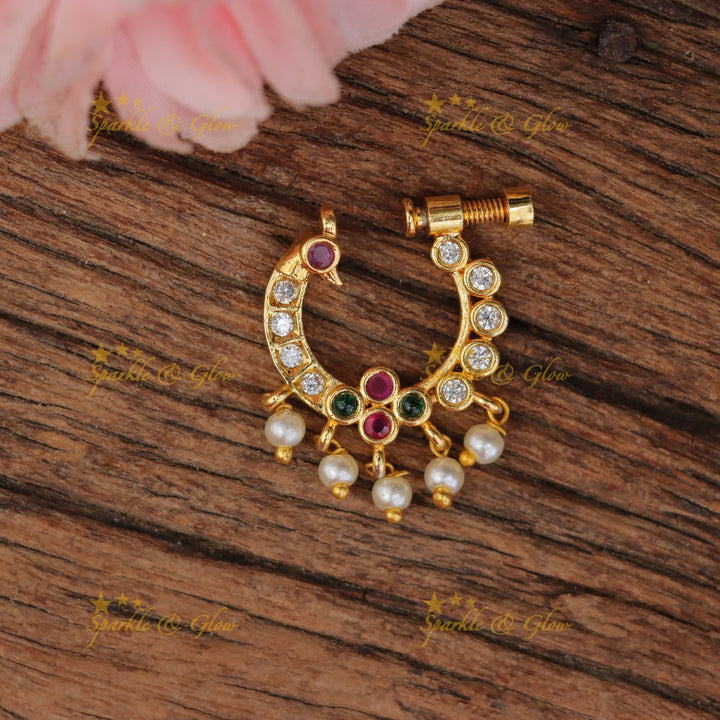 Exquisite Gold Peacock Pearl Nosepin Necklace