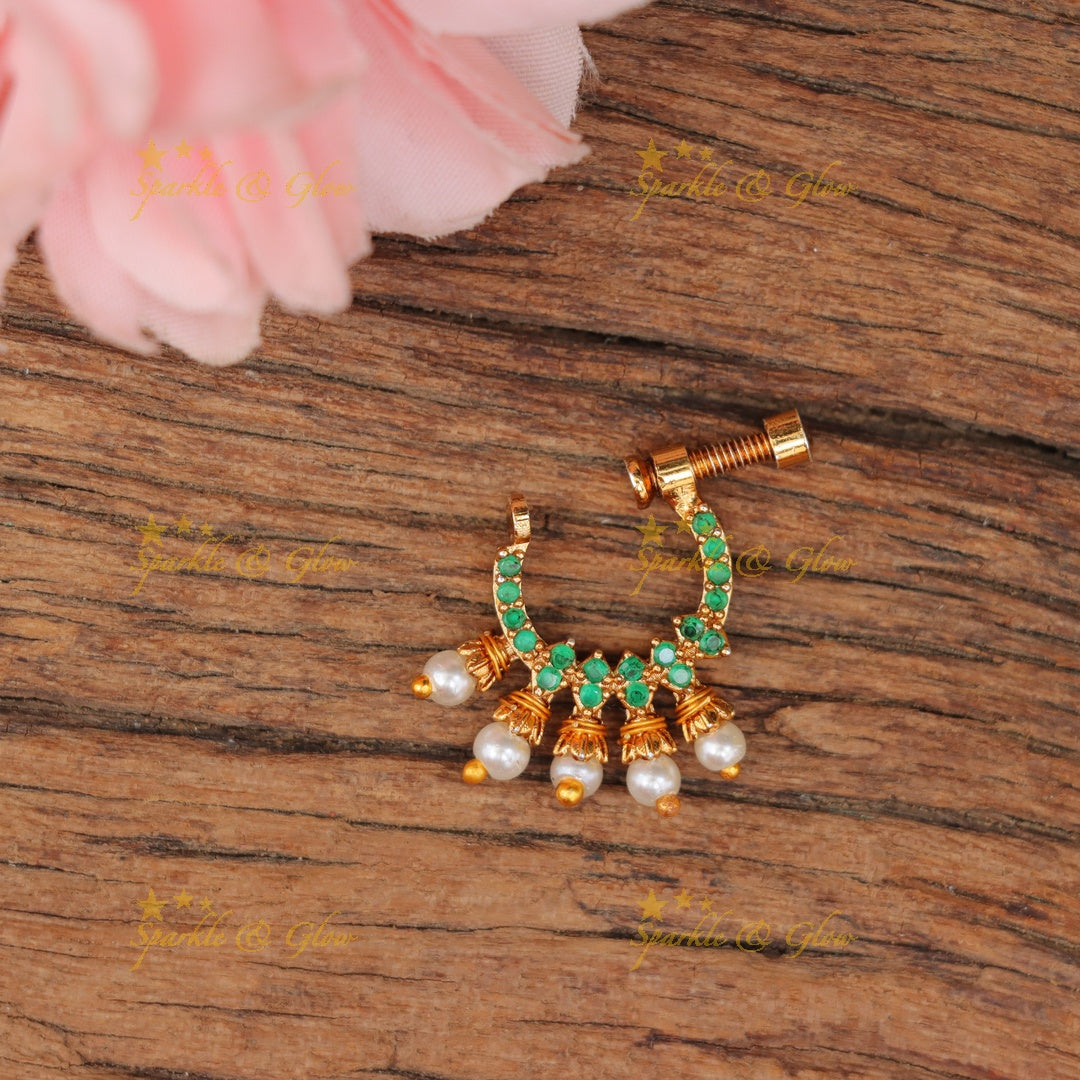 Radiant Imitation Pearl & Gold Nosepin - Festive Elegance