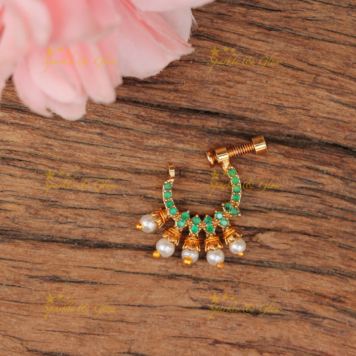 Radiant Imitation Pearl & Gold Nosepin - Festive Elegance